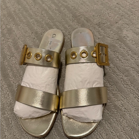 Dior Metallic Gold Slide Sandals - Picture 1 of 12